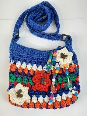 Nice Blue Multicolor Crochet Guess Purse With Butterfly Bead Charms